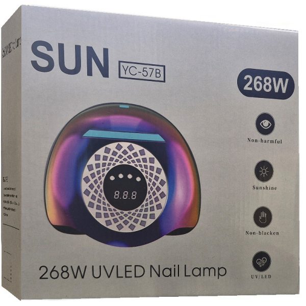 جعبه دستگاه یو وی ال ای دی ناخن SUN YC-57B مدل 268 وات با نمایش تصویر دستگاه و مشخصات روی کارتن