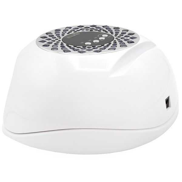 دستگاه یو وی ال ای دی ناخن SUN YC-57B سفید از نمای عقب و بالای دستگاه با زاویه چرخش بیشتر از ۹۰ درجه به چپ، نمایش جای سوکت آداپتور، کنارهها و بخش بالایی
