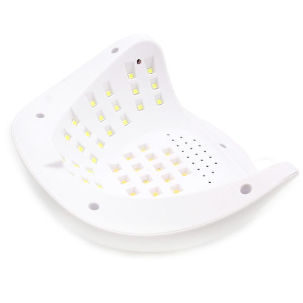دستگاه یو وی ال ای دی ناخن SUN YC-57B از نمای بالا کمی متمایل به راست، نمایش LEDهای داخلی و سینی جدا شده، بدون نمایش LEDهای سمت راست