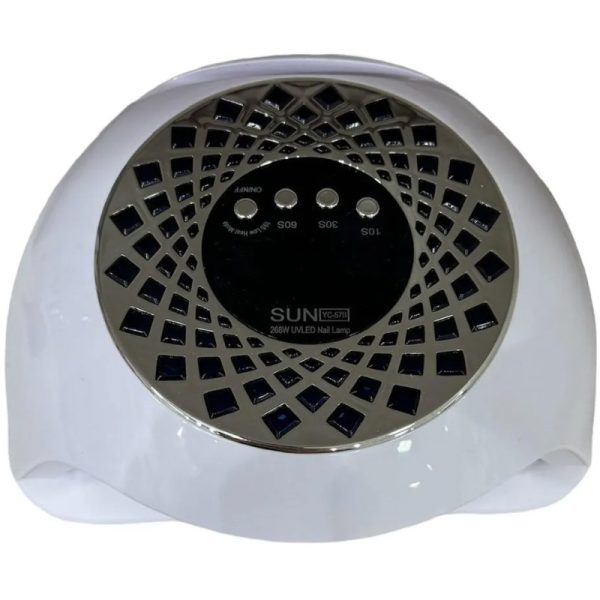 دستگاه یو وی ال ای دی ناخن SUN YC-57B از نمای بالا کمی متمایل به جلو، نمایش دکمهها و صفحه نمایش LCD بدون دیدن کامل پشت دستگاه
