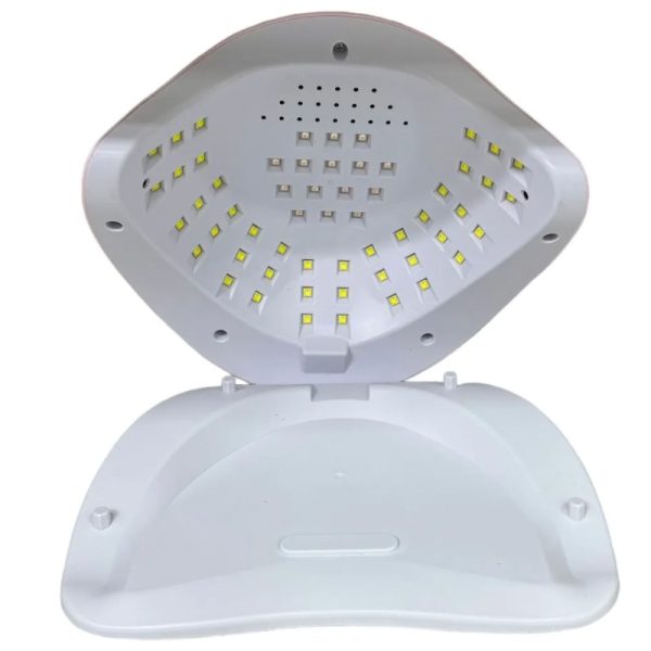 دستگاه یو وی ال ای دی ناخن SUN YC-57B از نمای روبرو، نمایش LEDهای داخلی و سینی کمی جدا شده به حالت باز مانند صدف