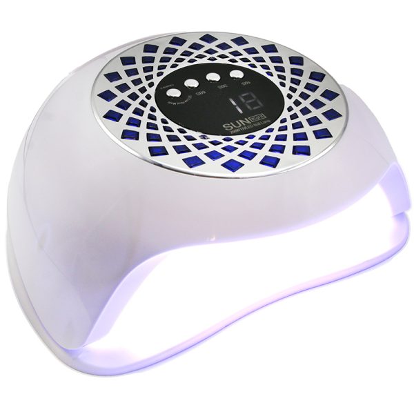 دستگاه یو وی ال ای دی ناخن SUN YC-57B از نمای روبرو کمی متمایل به راست، روشن با تابش نور UV