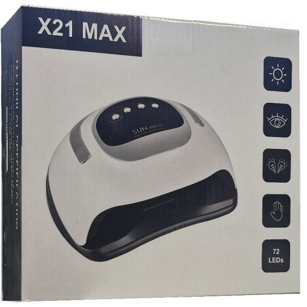 جعبه دستگاه یو وی ال ای دی ناخن SUN X21 MAX با طراحی مشکی و نمایش مشخصات و تعداد لامپها